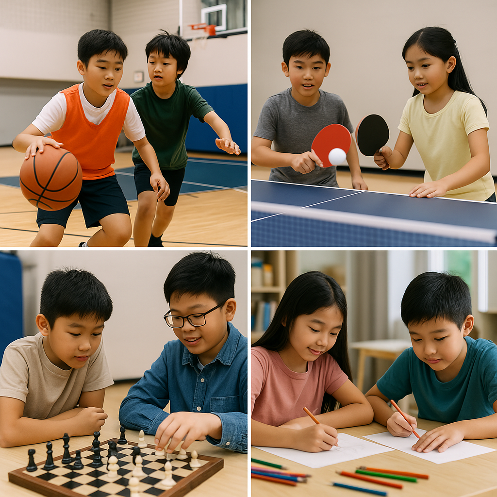Mixed of activities. Kids playing basketball, ping pong, playing chess and drawing