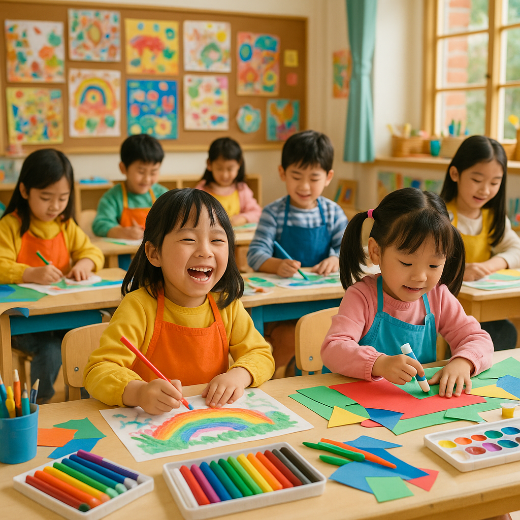 Kids drawing and painting in a cheerful classroom