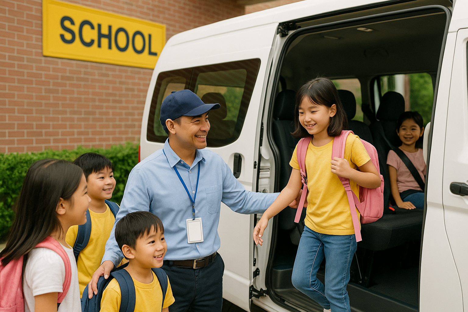friendly van driver helping kids getting out of the van