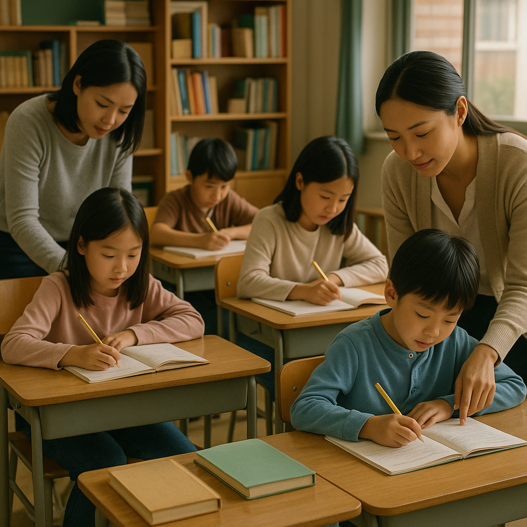 Kids being tutored and doing homework in a classroom